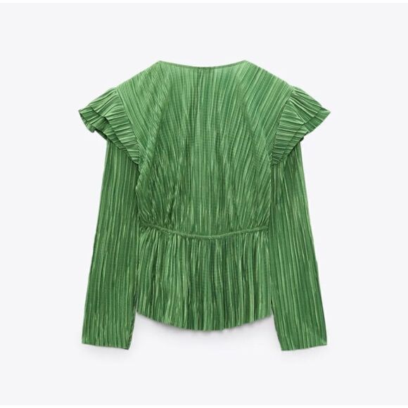 NWT Zara Green Ruffled Pleated Crinkled Long Sleeve Blouse, Size Small - Picture 8 of 13